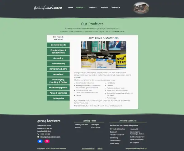 Screenshot of Goring Hardware products page