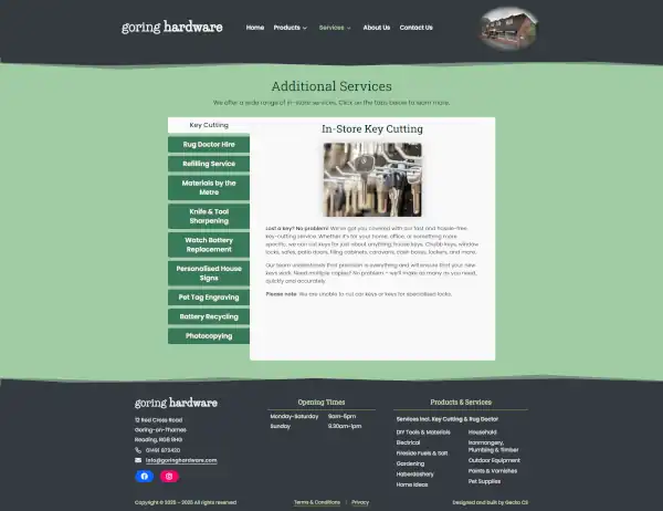 Screenshot of Goring Hardware services page