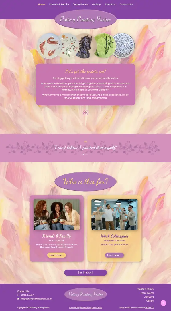 Pottery painting parties website screen capture